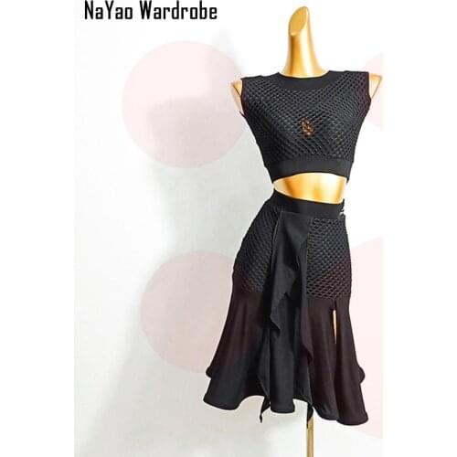 2020 New Black Striped Back Latin Dance Dress Skirt Dancing Performance Women Tops Ballroom Samba Tango TLD475