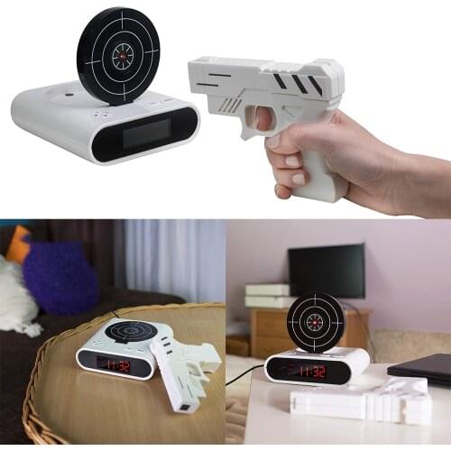 1 Set Gun Alarm Clock Shoot Alarm Clock Recordable Gadget Target Desktop Digital Bedside Table Alarm Clocks Gift