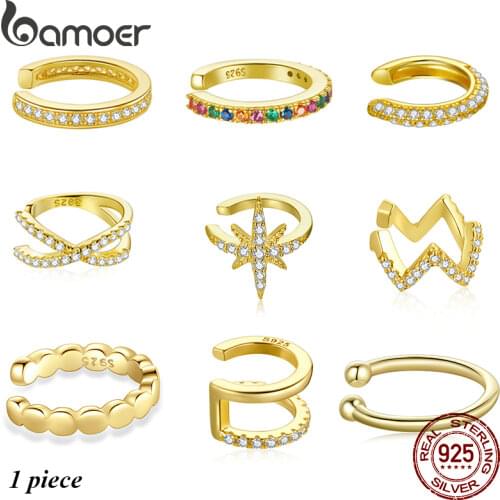 BAMOER 1PC Ear Cuff 925 Sterling Silver Golden & Simple Ear Clip for Women Bohemian Fashion Jewelry Geometry Earring Party Gift