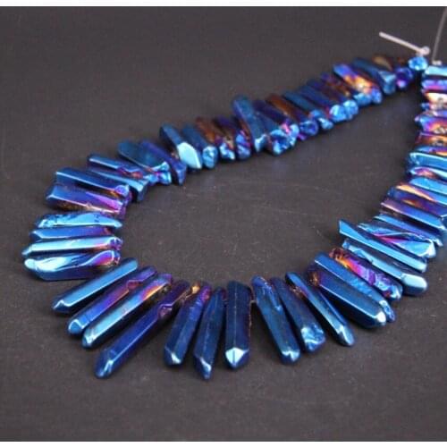 15.5"strand Polished Blue Titanium Crystal Quartz Top Drilled Point Beads,Raw Crystal Stick Graduated Pendants Jewelry Making