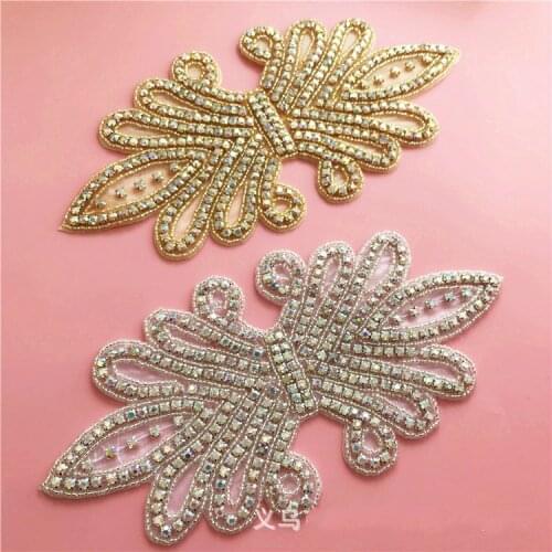 2 PCS Wedding dress Rhinestone Bridal Belt Accessories hand sewn diamond DIY Gold Silver Rhinestone Lace Patches Applique