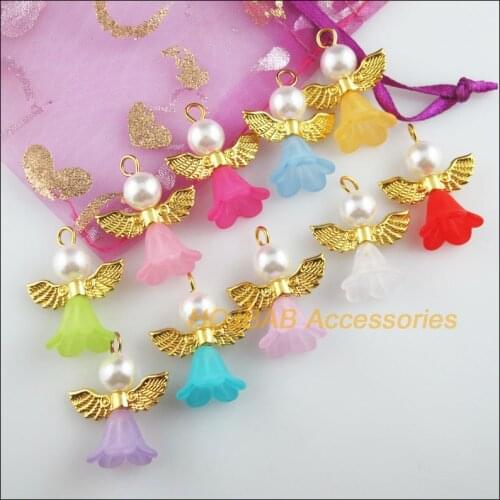 20 New Dancing Angel Charms Mixed Acrylic Gold Color Wings Pendants 21.5x26mm