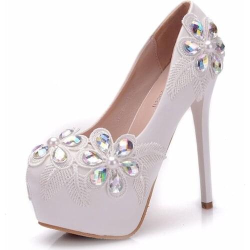 2019 Fashion Women Pumps Shoes PU Rhinestone Flower Round Toe Thin Heels 14 cm High Heels Womens Wedding Shoes