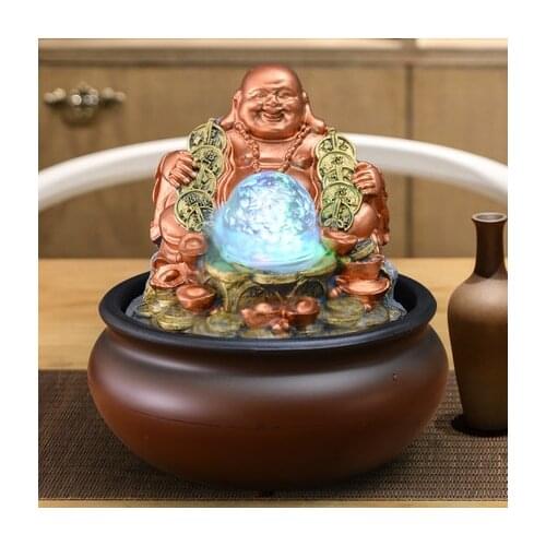 Buddha Indoor Water Fountain Tabletop Feng Shui Ball LED Light Home Decoration Office Opening Desktop Furnishings