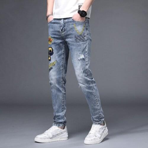 Spring/Summer Europe & America Trendy Embroidery men jeans Holes pants men Korean badge print Slim fit jeans pant