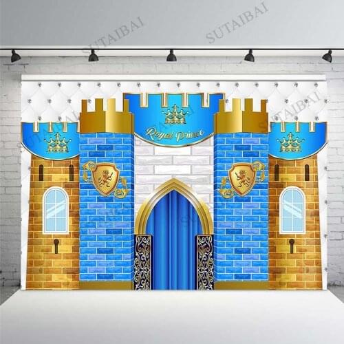 Royal Castle Prince Photography Backdrop Royal Blue Birthday Party Banner Photo Background Gold Crown Newborn King Photocall