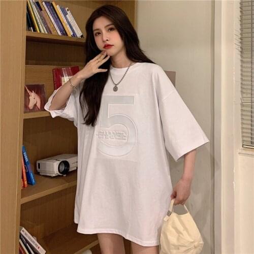 Cotton 2021 summer new style all-match casual short-sleeved T-shirt female concave-convex reflective tide long Harajuku style