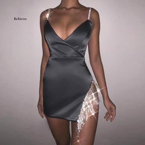 Tassel Black Glitter Dress Women Spaghetti Strap Mini Sexy Dresses Female Party Dress Club Summer Satin