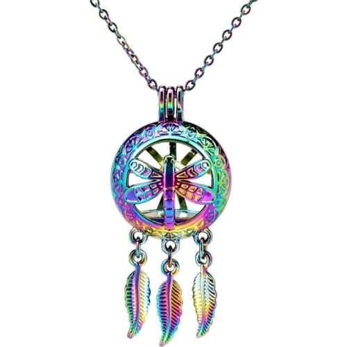 C895 Rainbow Color Dream Catcher Beaty Dragonfly Round Ball Leaf Locket Pendant Aroma Essential Oil Diffuser 28"Necklace