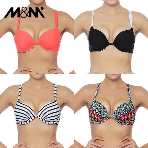 M&M Lady Sexy Cross Halter Brazilian Bikini Top Push Up Swim Bra Solid Print Swimwear Girl Swimsuit Sport Beach Bathing SuitT605