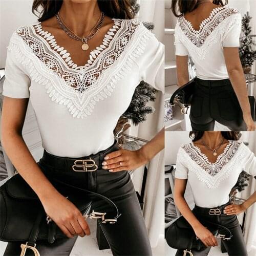 Fashion Women Skinny Summer T-Shirts Patchwork Design Lace Ruffles Decor V-Neck Short Sleeve Solid Pullovers Top T-shirt Street