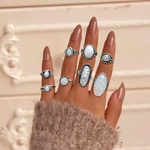 Modyle 8pcs/set Vintage Big Opal Stone Knuckle Rings Set for Women Bohemian Antique Silver Color Rings Fashion Jewelry Party 2mm