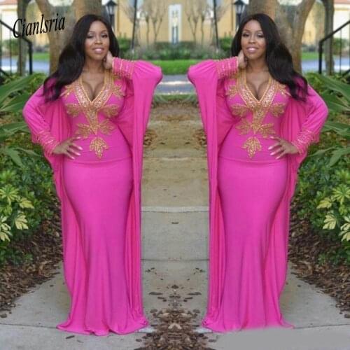 Muslim Fuchsia Arabic Dubai Moroccan Kaftan Turkish Evening Dresses with Long Sleeves Deep Embroidery Prom Gowns Gold Beads