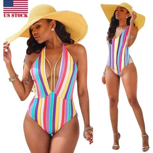 Hirigin 2019 Newest Hot Sexy Womens Sleeveless Swimwear Colorful Rainbow Striped Ladies Leotard Top Backless Jumpsuit Swimsuit