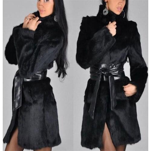 European American Autumn Winter Womens Fur High Imitation Mink Coat Black Collar Belt Personality Trend Overcoat Windbreaker