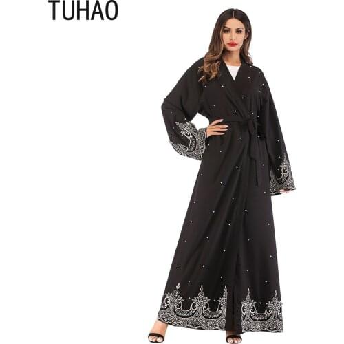 TUHAO long sleeve muslim beading Dresses pink black women vintage cardigan woman clothing maxi long retro long dresses CMSZ