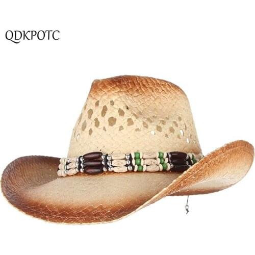 QDKPOTC Spring Summer Straw National Style Cowboy Hats Fashion Hollow Spray Paint Jazz Hat Men Women Leisure Vacation Visor Cap