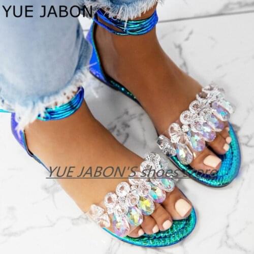Green Women Summer Open Toe Sandals Ladies Buckle Strap Casual Crystal Flat Shoes Female Clear PVC Crystals Woman Sandal 2021