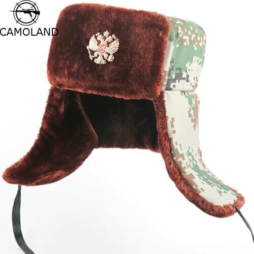 CAMOLAND Russian Ushanka Eagle Badge Bomber Hats Women Men Soviet Army Military Pilot Trapper Hat Faux Fur Earflap Snow Ski Caps