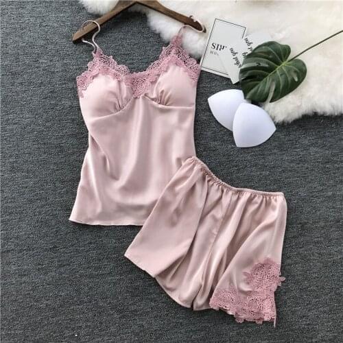 Silk Pajamas For Women Satin Cami And Shorts 2Pcs Pajama Set Sexy Lace Pyjamas Sleepwear Summer Pijamas Home Clothes