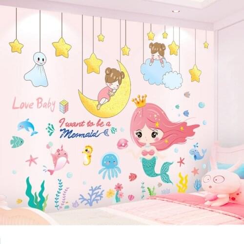 [shijuekongjian] Mermaid Fish Wall Stickers DIY Stars Moon Girl Wall Decals for Kids Room Baby Bedroom Bathroom House Decoration