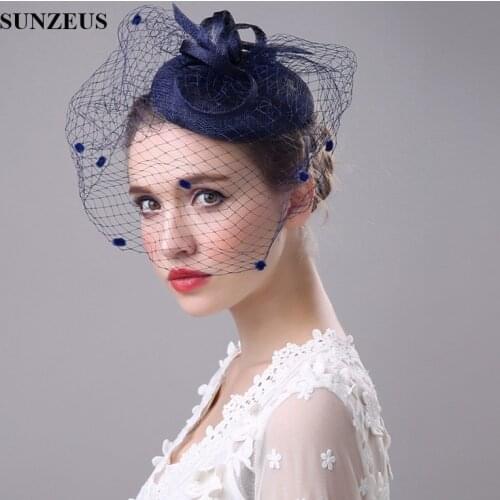 Bridal Hats with Face Veil Linen Material Beige Wedding Hats for Bridal Womens Formal Evening Party Hats matrimonio SH02