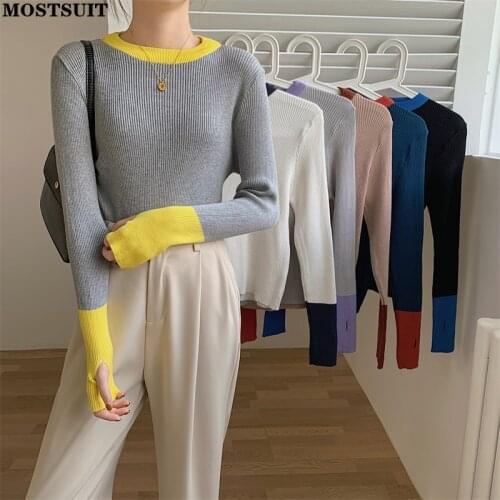 Color-blocked Slim Knitted Pullover Knitwear Women Full Sleeve O-neck Sweater Casual Chic Fashion Female Tops Femme 2021