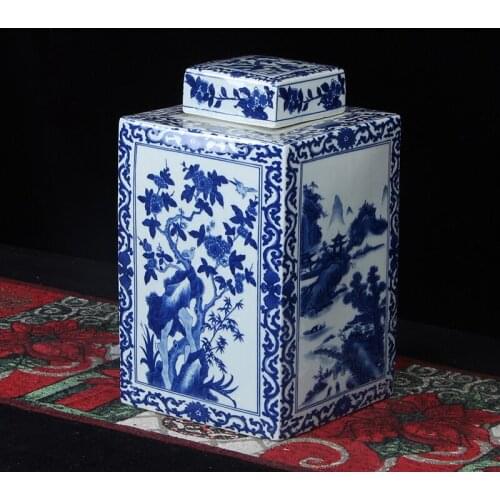 Chinese Traditional Square Blue And White Decorative Storage Tank With Cover