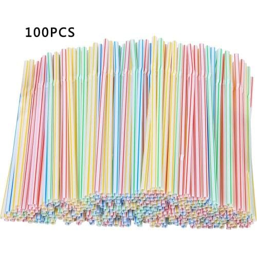 100Pcs Mixed-Color Plastic Straws 20.5cm Bendable Disposable Straws Stripe Beverage Drinking Straw Party Bar Drink Accessories