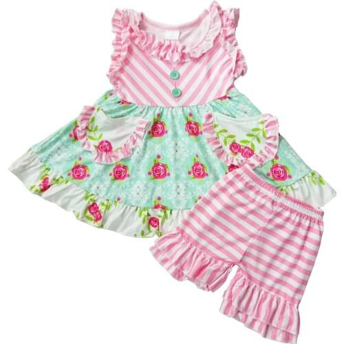 Spring/Summer Pink Stripe Floral Tunic Two Pockets Shorts with Ruffles Baby Girls Boutique Set