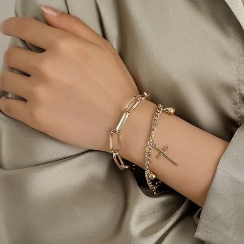Vintage Punk Thick Chains Cross Charm Bracelets for Women Temperament Double Layer Geometric Alloy Bracelet Party Jewelry Gift