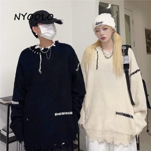 NYOOLO High Street Broken Hole Patchwork Design Long Sleeve Knitted Pullovers Sweaters Women Men Clothes Autumn Winter Knitwear