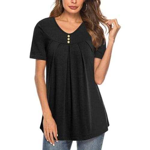 Women Summer T-shirt V-collar Size S To 3XL Solid Color Straight Type Short Sleeve Size S To 3XL Button Decoration Shirt