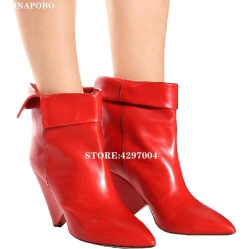 2020 Fashion Genuine Leather Patchwork Sexy Ankle Boots Women Spike High Heel Pointy Toe Metal Pleated Flock Ladies Short Boots