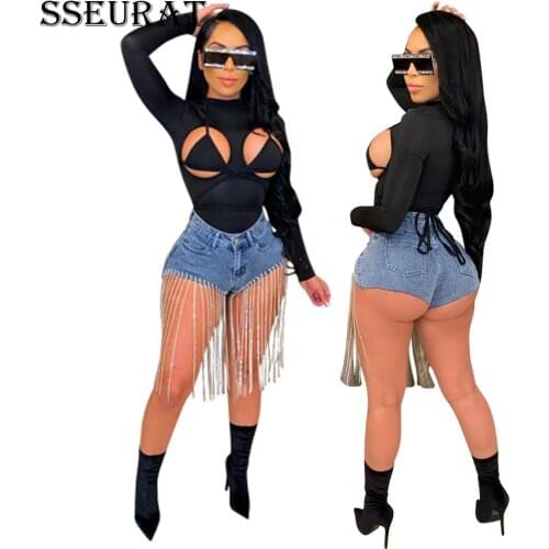 SSEURAT Jeans Women Low Waist Zip Pockets Chain Tassel Elastic Denim Shorts Female Sexy Trousers Casual Clothing 2021