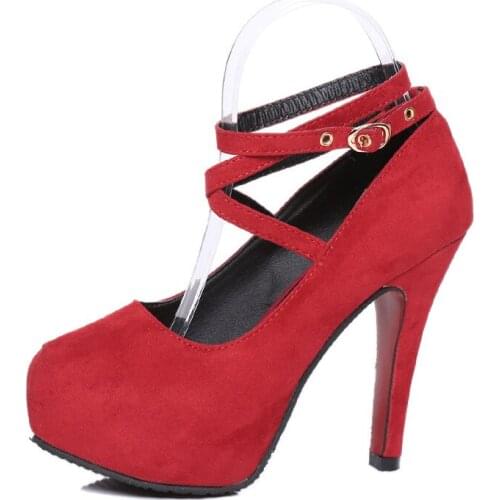 2020 New Large Size High Heels Womens Wedding Banquet Shoes Round Head Suede Cross Straps 10cm High Heel Girls Shoes Female