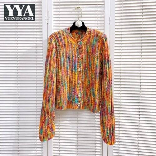 Vintage Women Colorful Knit Sweater Cardigan Single Breasted O Neck Long Sleeve Knitwear Tops Autumn Ladies Loose Fit Sweaters