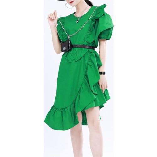 Johnature Ruffles Irregular Fashion New Women Dresses 2021 Summer Street Puff Sleeve Loose Solid Color O-neck Female Dress