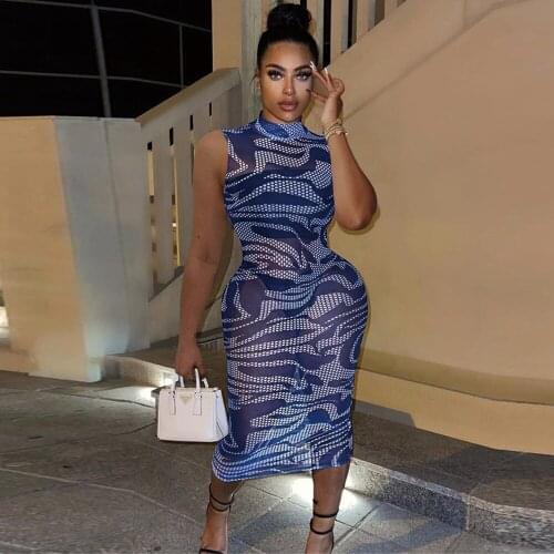 Sheer Mesh Aesthetic Print Bandage Bodycon Dress Women Half High Neck Sleeveless Party Dresses Sexy See Through Skinny Vestidos