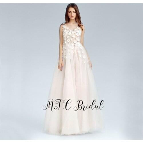 Whonder Ivory Flowers Evening Dress Backless A Line Floor Length Tulle Formal Dresses 2019 High Quality Women Party Gowns Cheap