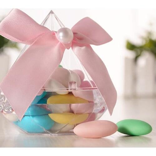 1pcs Wedding supplies Transparent Clear Gift Candy Box Diamond Shape Plastic Diamond Magpie Sugar Box Hand-made Bow Party Decor