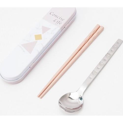 2PCS/Set Portable Cutlery Set with Case Stainless Steel Spoon Wood Chopsticks Kitchen Spoon Tableware Picnic Dinnerware Flatware