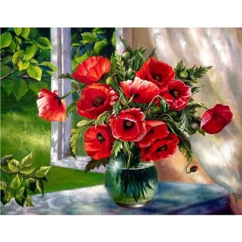 New 5D Diamond Painting Cross Stitch Red Floral Vase Crystal Needlework Embroidery Flower Full Square Drill Picture Decorative