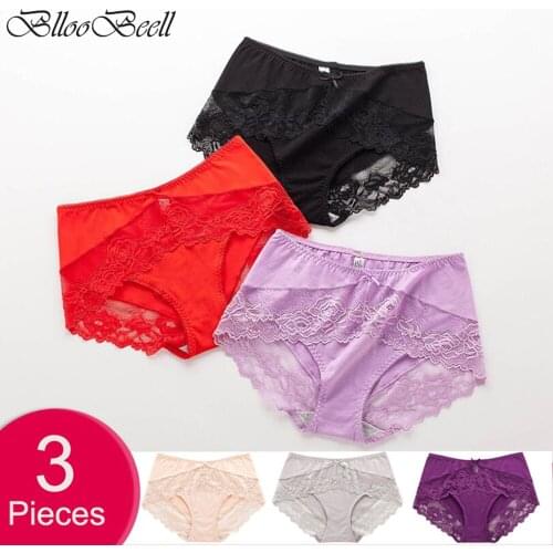 BllooBeell 3pcs Cotton Underwear Women Sexy Panties Hollow Out Lace Womens Briefs High-Rise Ladies Lingerie Female Plus Size