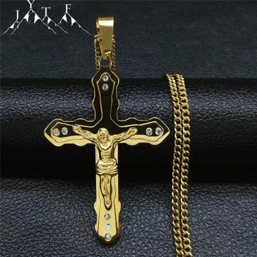 Stainless Steel Christian Jesus Cross Chain Necklace Men Gold Color Long Big Chain Necklaces Jewelry acier inoxydable XH8029S05