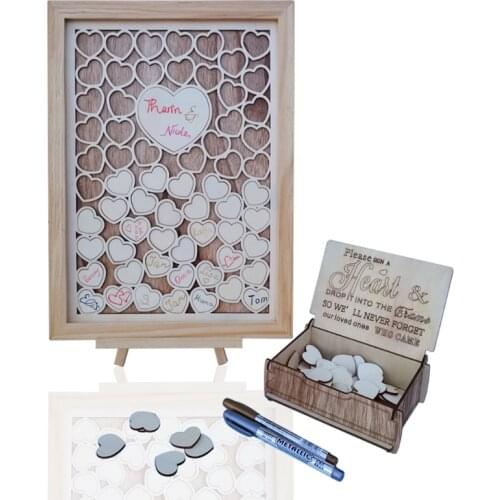 Wooden Personalized Wedding Guest Book Frame Alternative Carving Heart Shape Sign with Box Rustic Birthday Party Decor