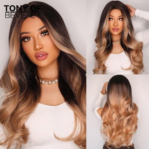 Long Wavy Black Green Gray Ombre Hair Wigs Middle Part Heat Resistant Synthetic Wigs for Afro Women Cosplay Party Natural Wigs