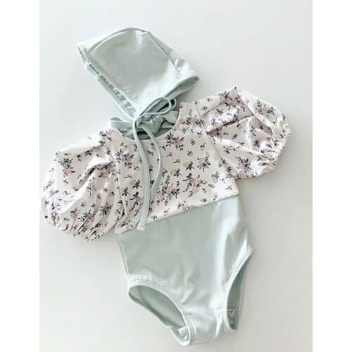 Infant Kids Baby Girls Floral Print Patchwork Short Sleeve Two-Piece Swimsuit Beachwear Bathing Suits Swimwear+Sun Hat