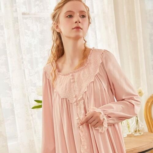 Autumn Spring Elegant Women 's Long Nightgowns Cotton Long Sleeve Vintage Royal Loose Nightwear Sweet Comfortable Sleepwear