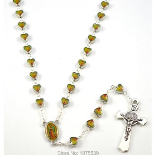 Customize heart alloy bead Our Lady of Guadalupe catholic rosary with st benedict crucifix